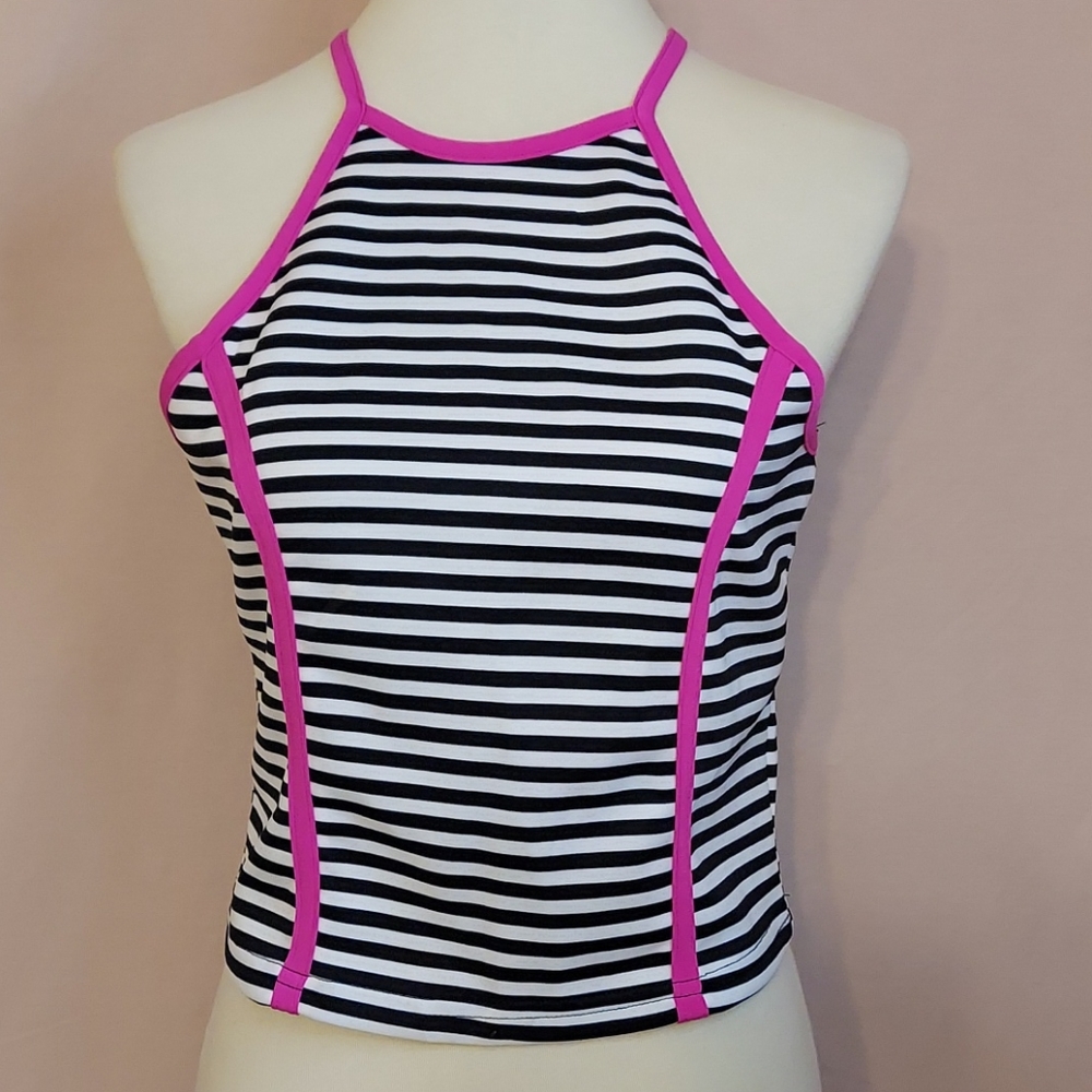 Sleeveless Stripe/Contrasting Pink Trim Crop Top